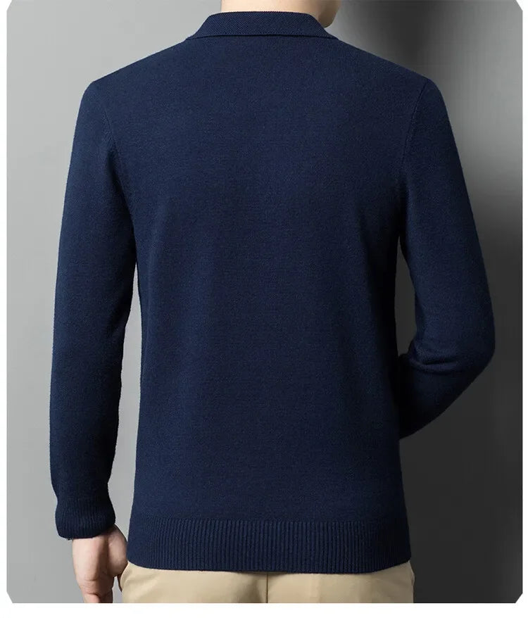 Autumn and Winter New Warm Soft Pullover Men's Business Lapel Knitwear Casual Solid Color Long Sleeve Polo Shirt Office