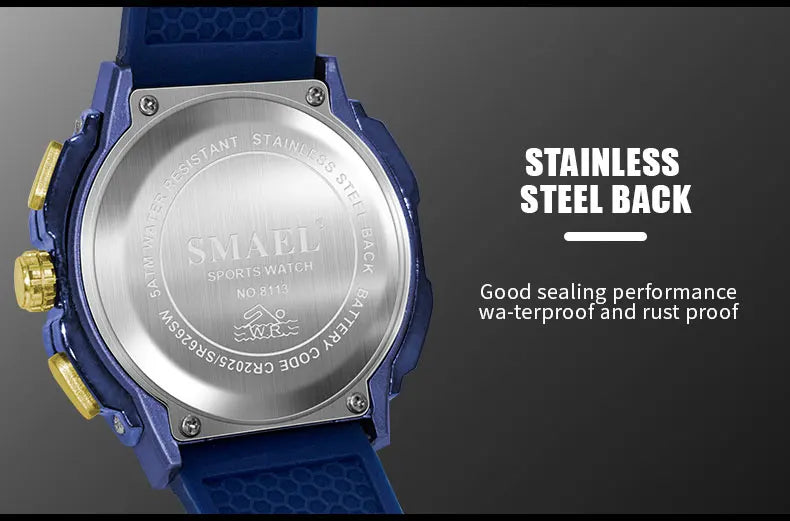 SMAEL Men's Sport Digital LED Watch Dual Time Stopwatch Alarm Clock 50M Waterproof 8113 Wristwatch Sports Army Military Watches