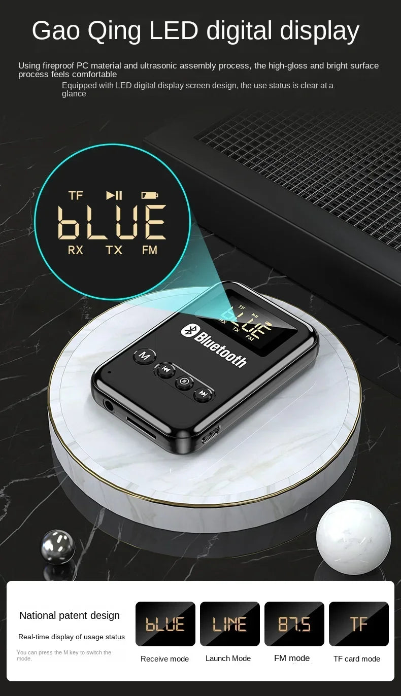 Wireless Audio LED Bluetooth 5.0 Adapter Transmitter Receiver  For Car Music Headphone Speaker, 300mA Battery, Support TF Card