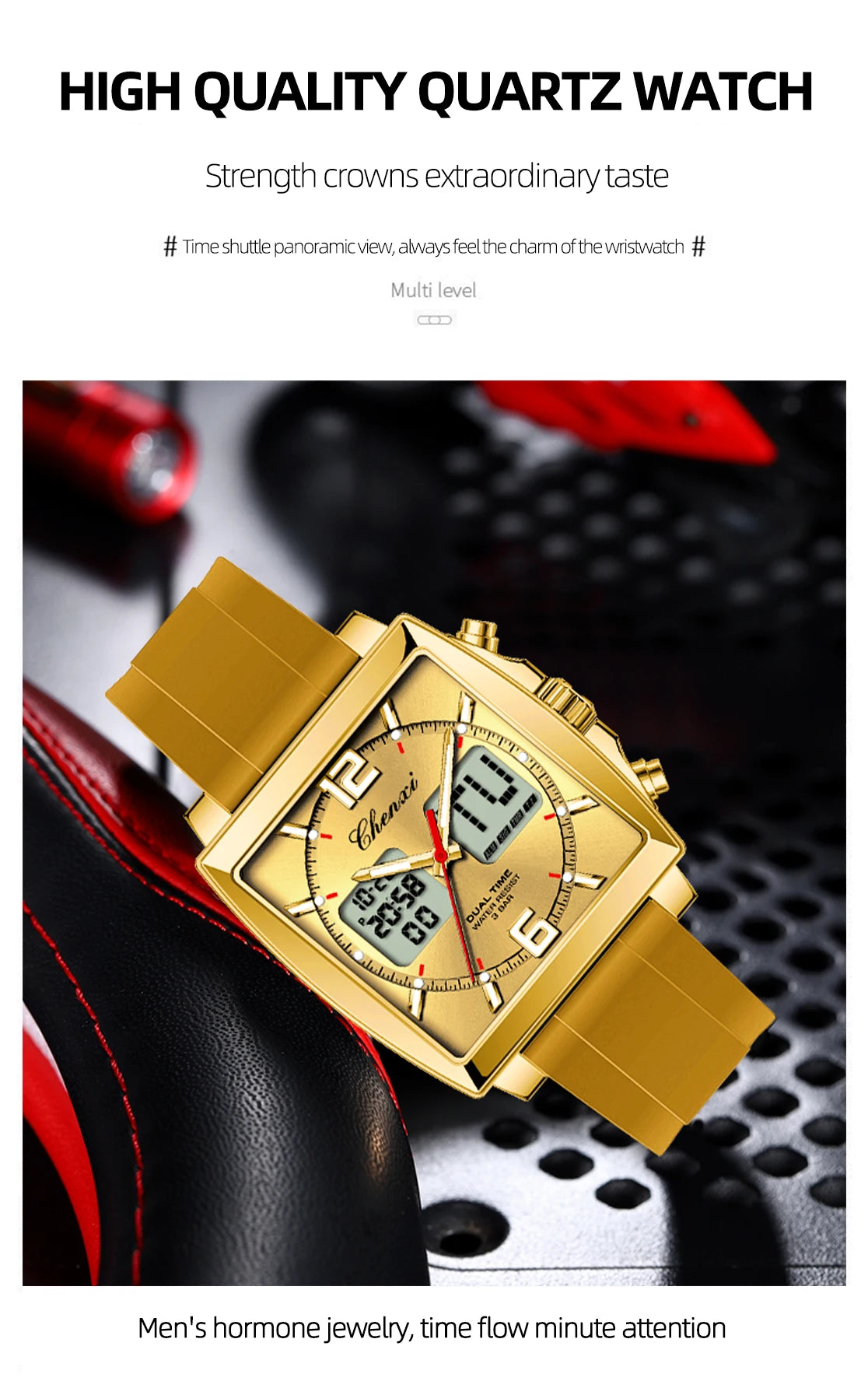Fashion Casual Men Sports Watch Square Dial Dual Time CHENXI Watches Silicone Strap Waterproof Multifunction Wristwatch Male