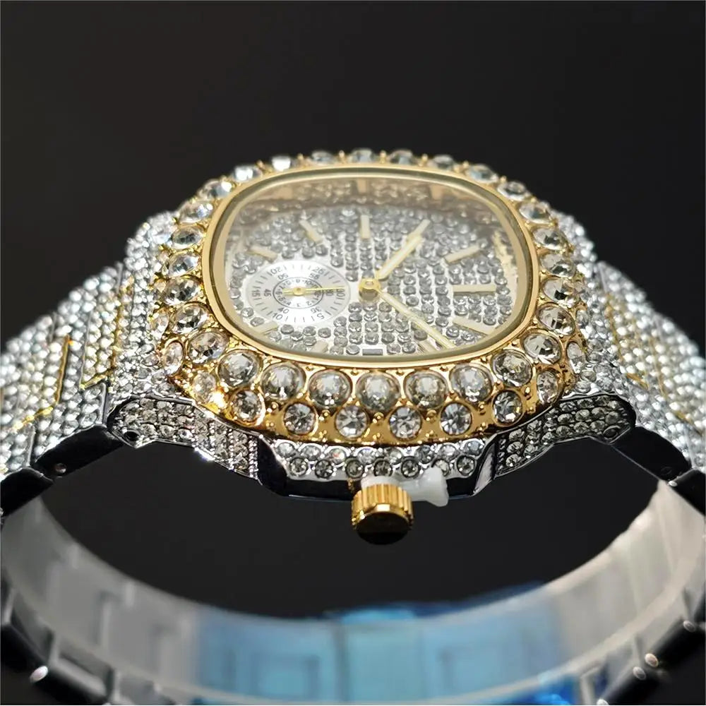 Hot Sell Luxury Iced Watch Mens Fashion Stainless Steel Gold Wristwatch Hip Hop Diamond Bling Jewelry Watch For Man Reloj Hombre