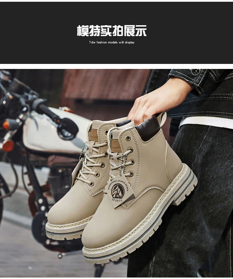 High Top Boots Men's Leather Shoes Fashion Motorcycle Ankle Boots for Men Winter Boots Man Shoes Lace-Up Botas Men Flat Sneakers