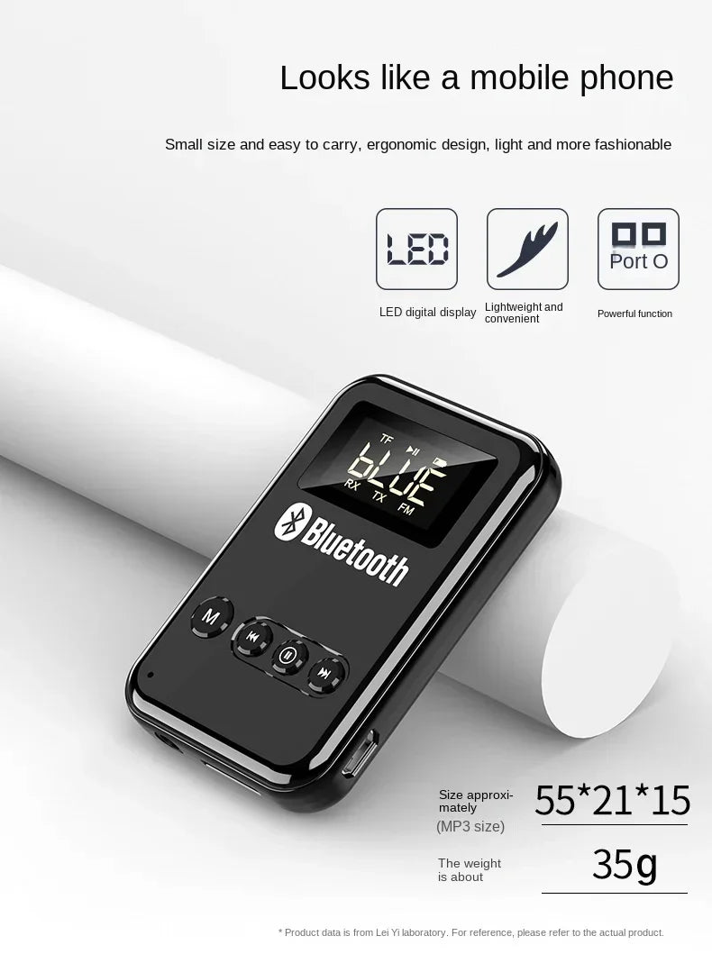Wireless Audio LED Bluetooth 5.0 Adapter Transmitter Receiver  For Car Music Headphone Speaker, 300mA Battery, Support TF Card