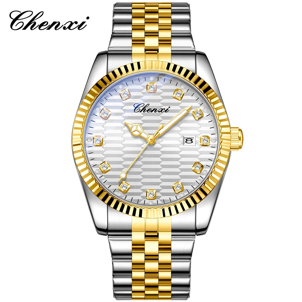 CHENXI Man Watch Classic Fashion Gold Quartz Steel Strap Watches Men Diamond-Set Round Luminous Water-Resistant Date