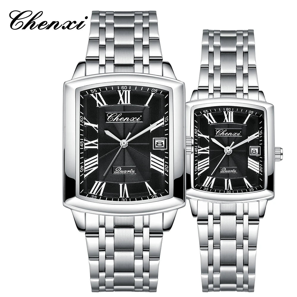 CHENXI Quartz Couple Watches Fashion Casual Rectangle Dial Alloy Man Woman Watch Luminous Calendar Couples Watch