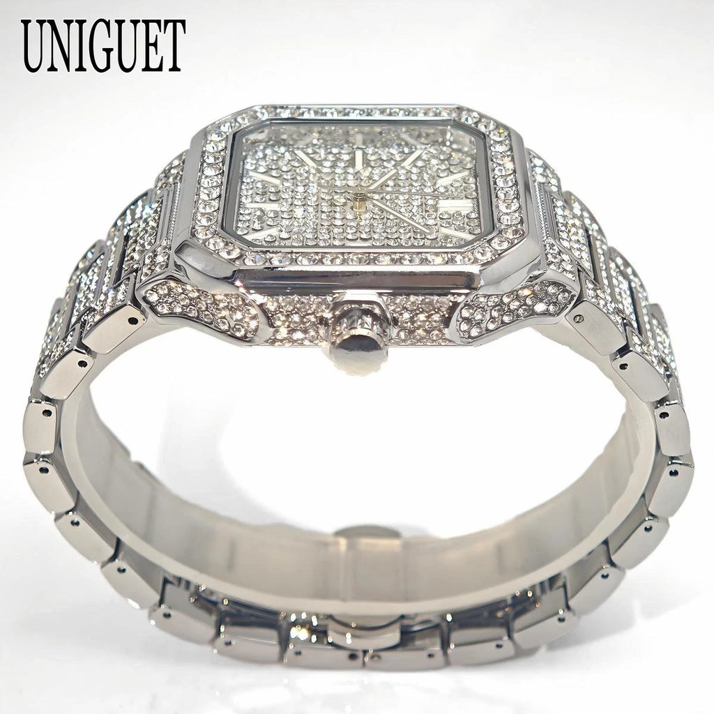 2025 New Black Iced Watch For Men Brand UNIGUET Fashion Waterproof Quartz Watch Man Hip Hop Diamond Jewelry Square Wristwatch