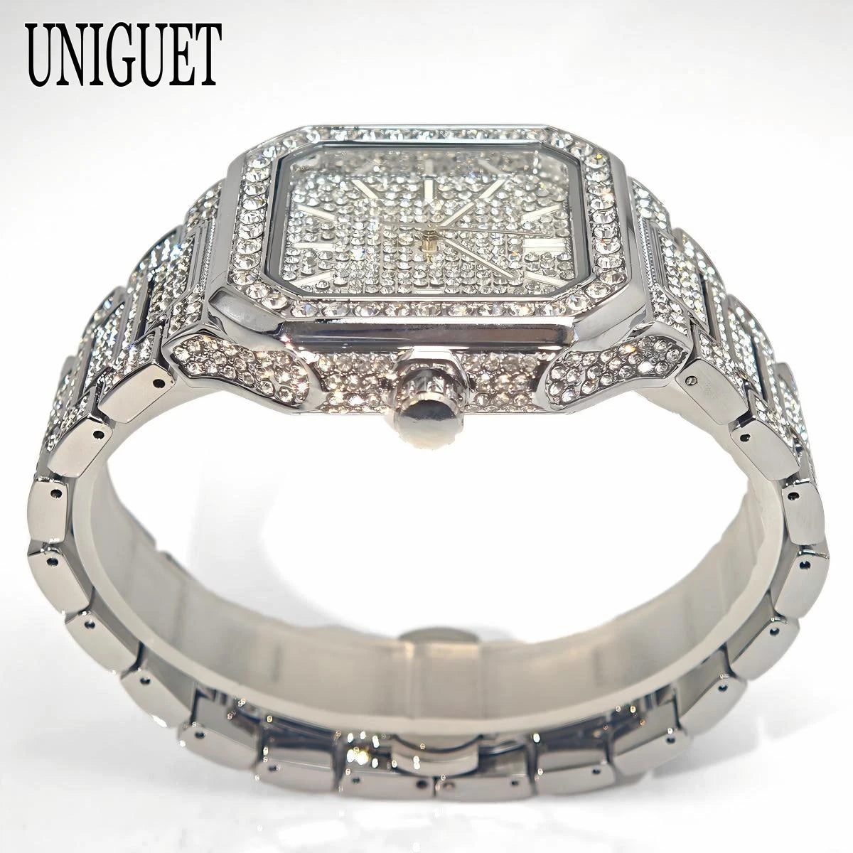 2025 New Black Iced Watch For Men Brand UNIGUET Fashion Waterproof Quartz Watch Man Hip Hop Diamond Jewelry Square Wristwatch