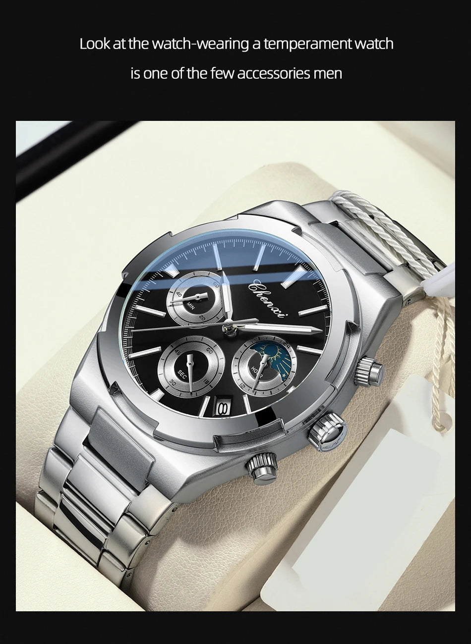 Men's Watches Classic Multifunctional Chronograph Sports Watch Top Luxury Stainless Steel Waterproof Luminous Quartz Wristwatch
