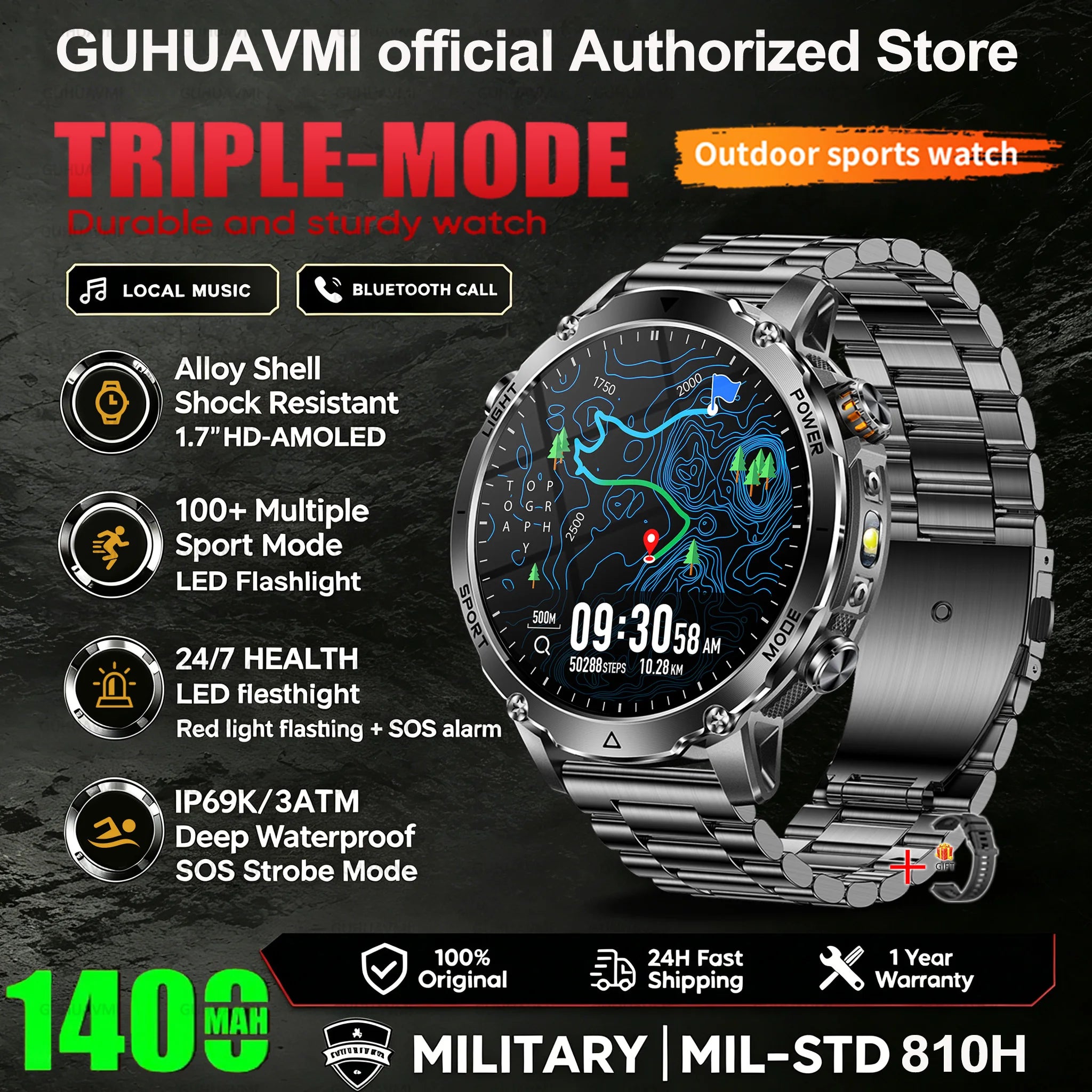 2026 New Smart Watch Bluetooth Call 1400mAh Large Battery Sport Heart Rate 1.7" Military Outdoor Men Smartwatch For Android IOS