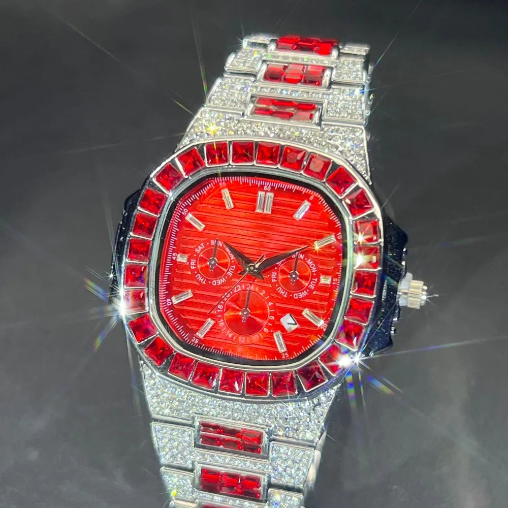 MISSFOX Luxury Watch For Men Green Sliver IcedOut Diamond Hip Hop Quartz Waterproof Clock Men Square Diamond Male Watch 2025 New