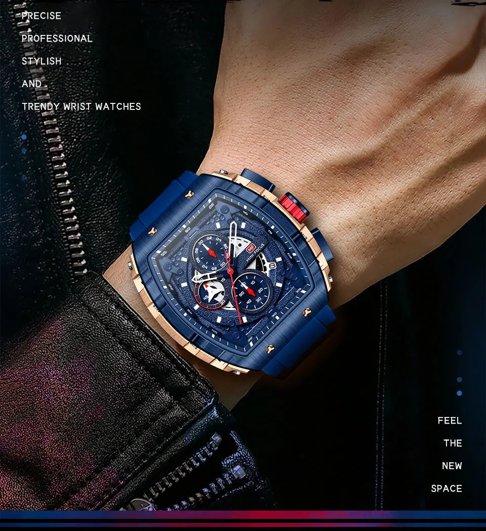 MINI FOCUS Chronograph Quartz Watches for Men Military Sport Silicone Strap Waterproof Wristwatch with Tonneau Dial Auto Date