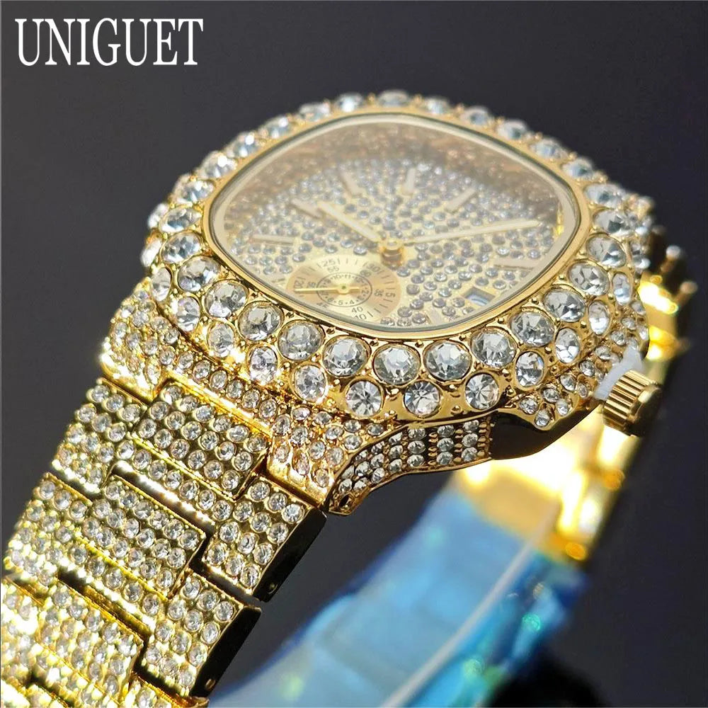 Hot Sell Luxury Iced Watch Mens Fashion Stainless Steel Gold Wristwatch Hip Hop Diamond Bling Jewelry Watch For Man Reloj Hombre