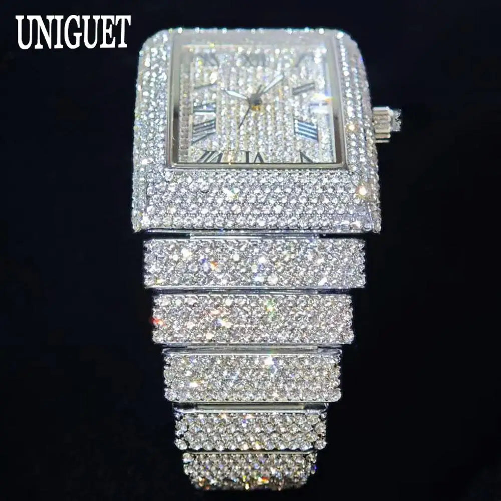 Fashion Rose Watch For Men Luxury Stainless Street Hip Hop Ice Diamond Rectangle Wristwatch Male With Calendar Rlógios Masculino