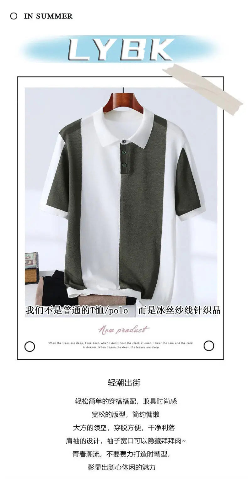 High-quality Color Blocked Striped Knitting Men's Polo Shirts Summer Thin Ice Silk Breathable Lapel T-shirt Business Casual Tees