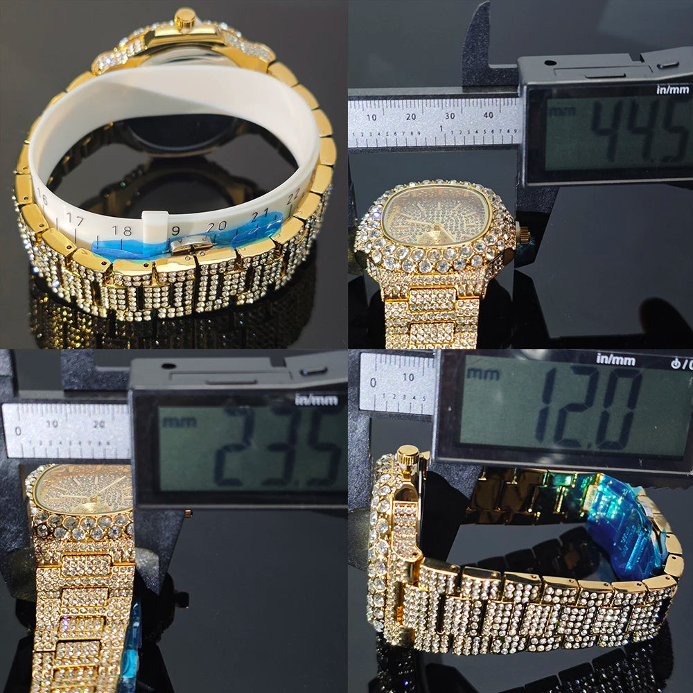 Hot Sell Luxury Iced Watch Mens Fashion Stainless Steel Gold Wristwatch Hip Hop Diamond Bling Jewelry Watch For Man Reloj Hombre