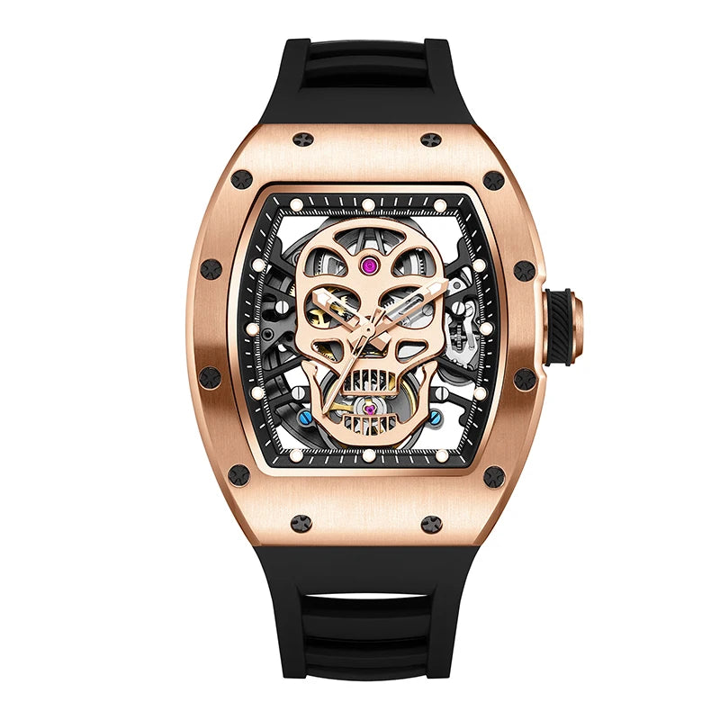 Unique Men Watch Tonneau Casual Wristwatch Soft Silicon Band Fashion Men's Wrist Watches Hollow Out Analog Automatic Watches