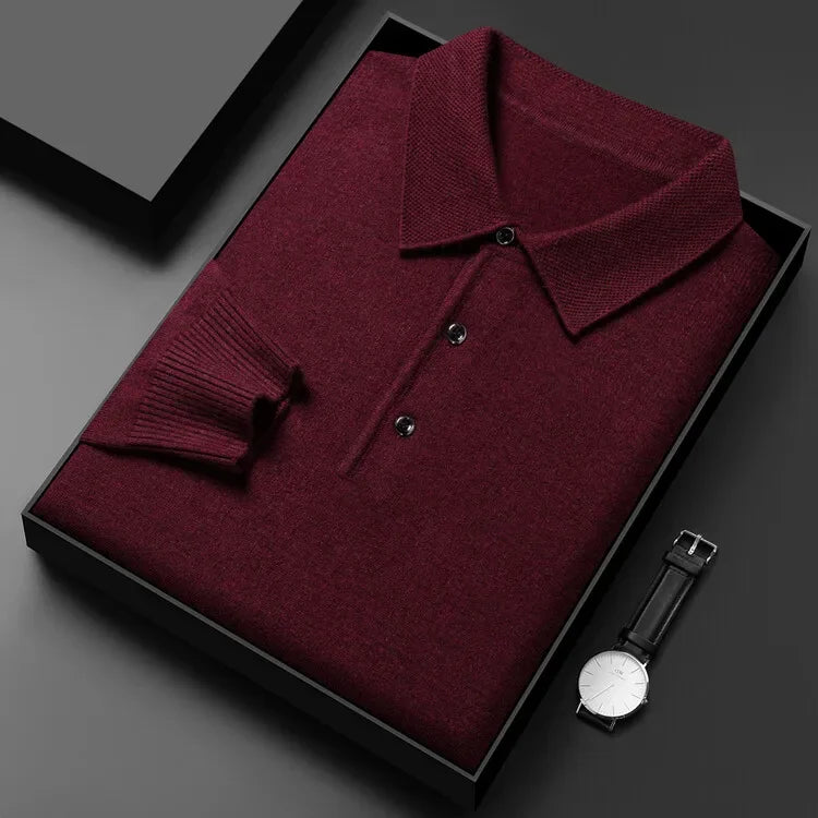 Autumn and Winter New Warm Soft Pullover Men's Business Lapel Knitwear Casual Solid Color Long Sleeve Polo Shirt Office
