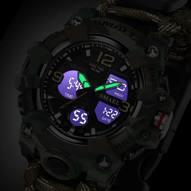 SMAEL 8008N Men's Military Sport Watch - 50M Waterproof LED Dual Time Alarm Stopwatch Compass SOS Shockproof