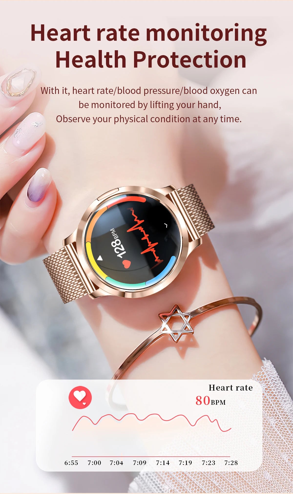 New Women Smart Watch 1.32"AMOLED Full Touch Screen Bluetooth Call Blood Pressure IP68 Waterproof NFC 7.3mm Ultra-thin bracelet