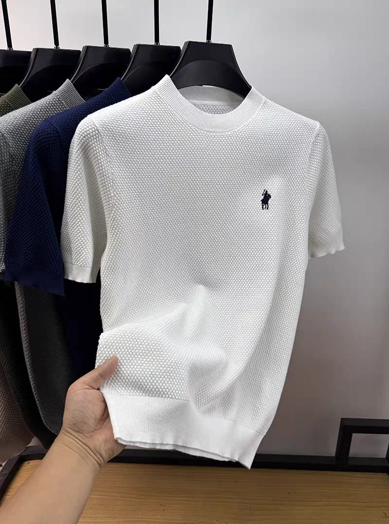 Luxury 100% cotton knitted short sleeve T-shirt high-end brand pony embroidery summer solid color  men's casual round neck top