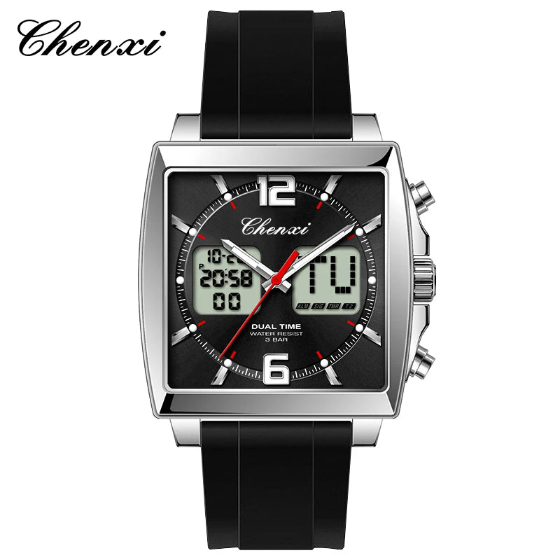 Fashion Casual Men Sports Watch Square Dial Dual Time CHENXI Watches Silicone Strap Waterproof Multifunction Wristwatch Male