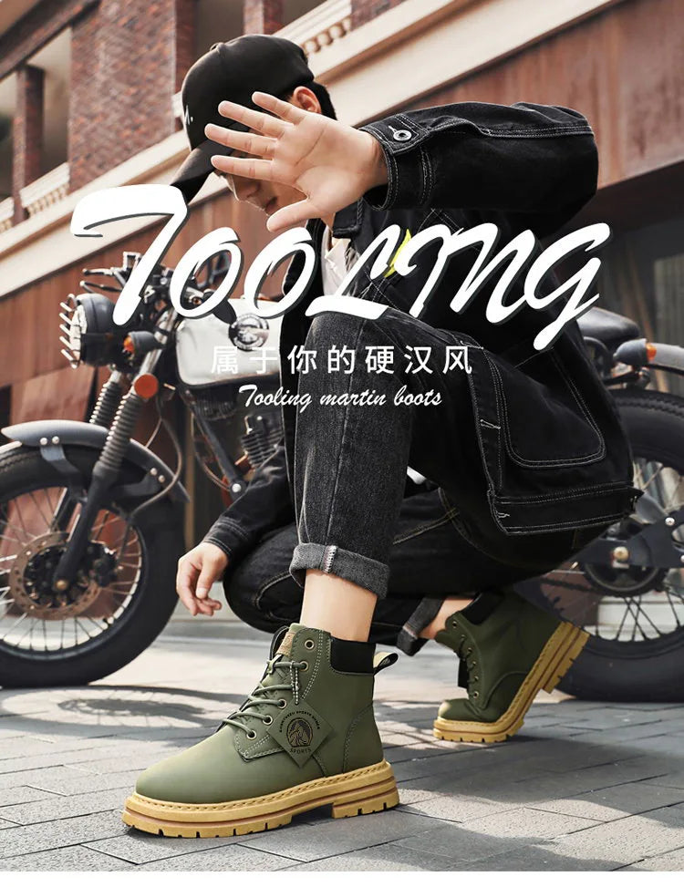 High Top Boots Men's Leather Shoes Fashion Motorcycle Ankle Boots for Men Winter Boots Man Shoes Lace-Up Botas Men Flat Sneakers