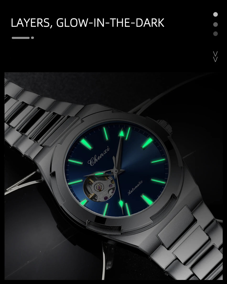 New Mens Watch Mechanical Wristwatches Stainless Steel Fashion Sports Waterproof Watches for Men Hollow Out Automatic Movement