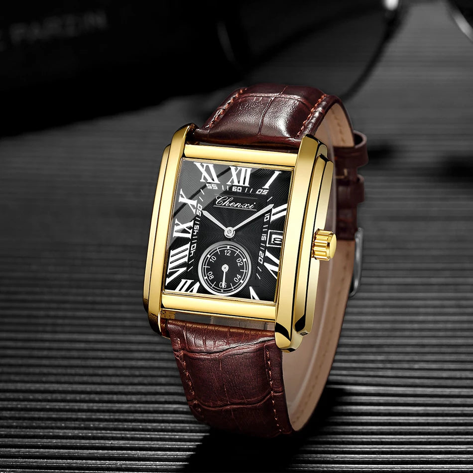 2025 New Business Men's Watch Fashion Square Roman Numeral Dial Waterproof Brown Leather Male Casual Fashion Date Quartz Watches