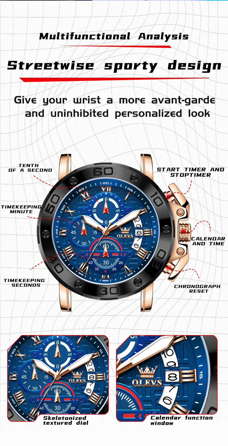 OLEVS 51mm Large Dial Quartz Watch for Men Silicone Strap Waterproof Luminous Auto Date Chrono Roman Numeral Scale Men's Watches