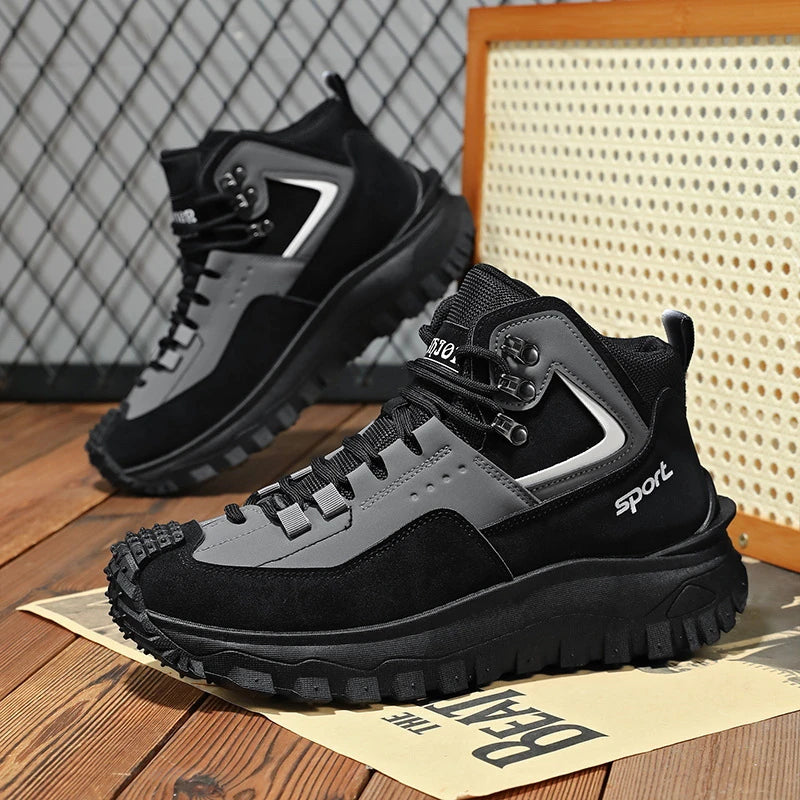 Black And Tan Mid Top Hiking Boots Suede And Leather Platform Sneakers Non Slip Outdoor Casual Shoes With Rugged Sole For All