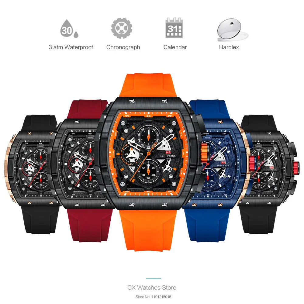 MINI FOCUS Chronograph Quartz Watches for Men Military Sport Silicone Strap Waterproof Wristwatch with Tonneau Dial Auto Date