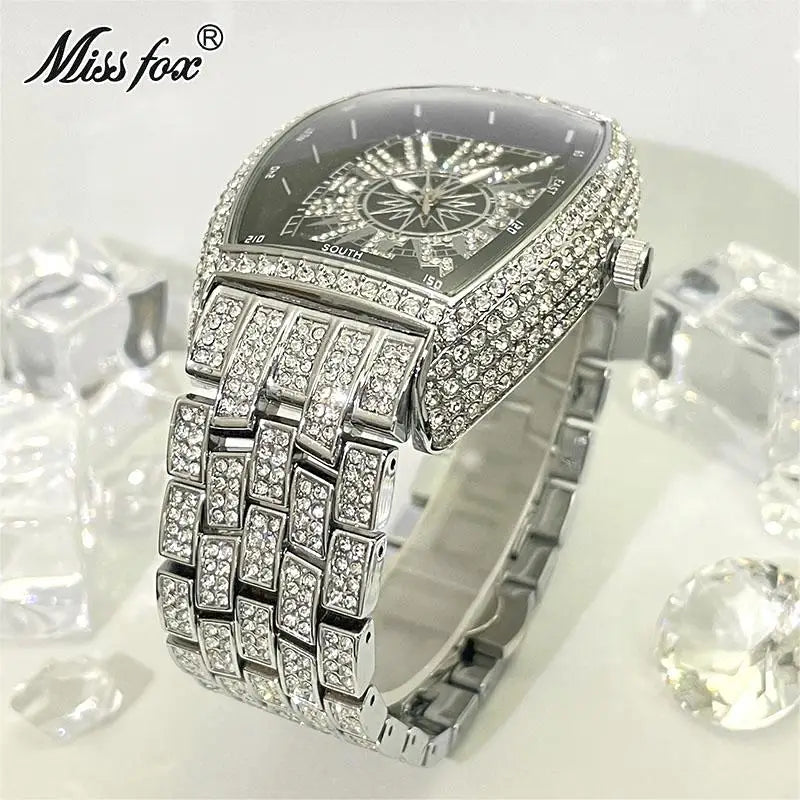 Luxury Gold Watches Men Brand MISSFOX Fashion Hip Hop lce Diamond Sun Pattern Literal Quartz Wristwatch Male Dropshipping Hot