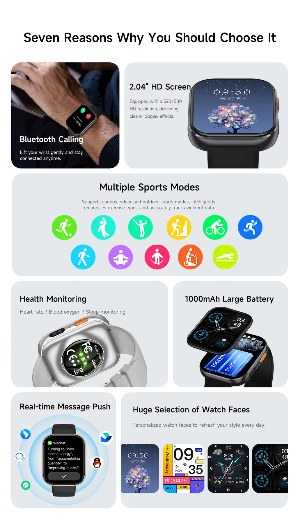 New 1000mAh Large Battery Smartwatch Men Women | 2.04"HD Screen BluetoothCall Heart Rate Monitor Flashlight Sports Fitness Watch