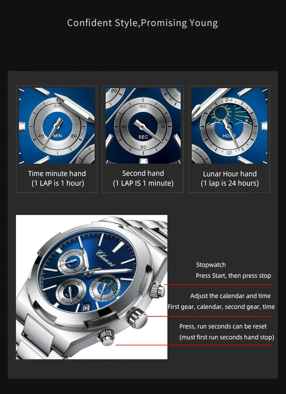 Men's Watches Classic Multifunctional Chronograph Sports Watch Top Luxury Stainless Steel Waterproof Luminous Quartz Wristwatch