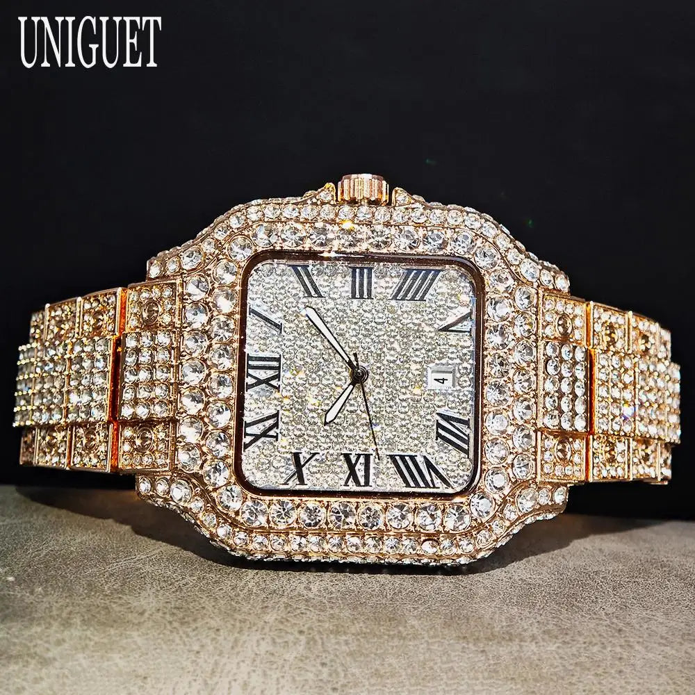 UNIGUET Hot Sale Luxury Iced Watch for Man Fashion Square Watches Men Hip Hop Diamond Bling Jewelry Wristwatch Reloj Hombre