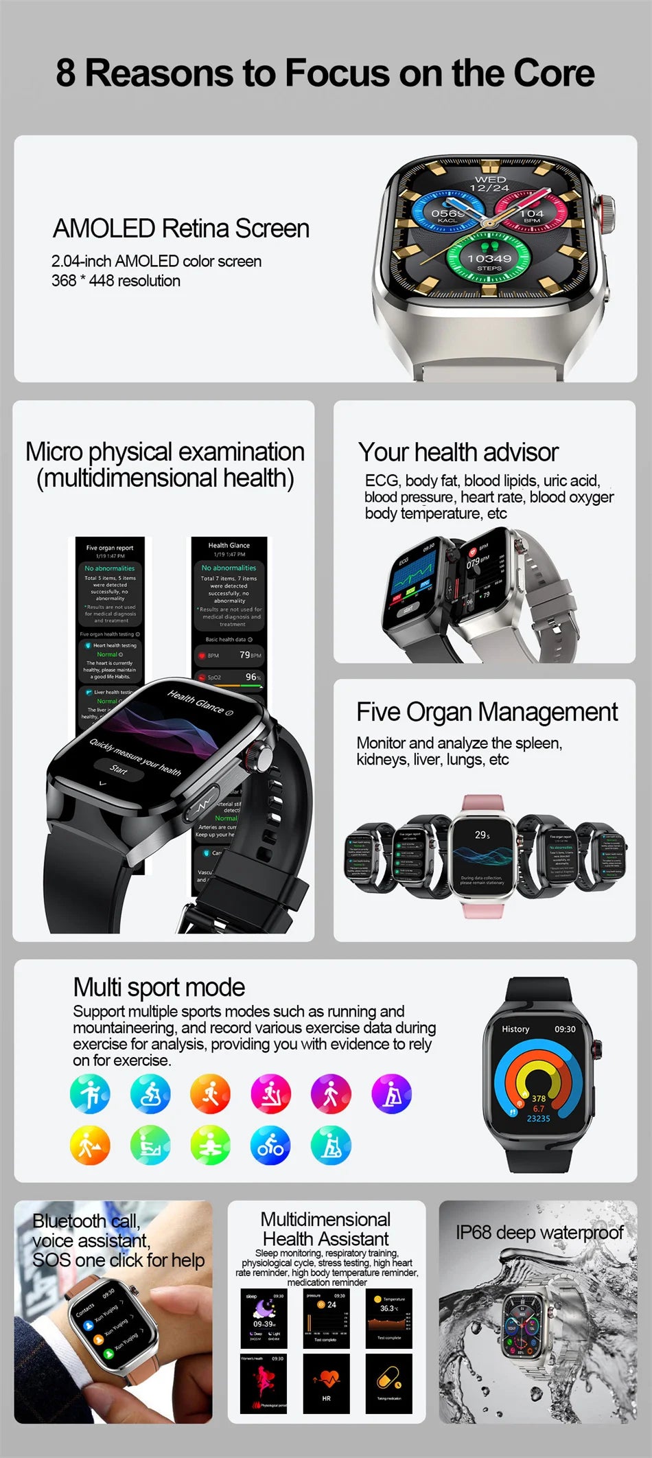 SmartWatch Voice Call Push reminder Physical examination Health Watch Blood Pressure UricAcid Blood Oxygen ECG Sport Smart watch