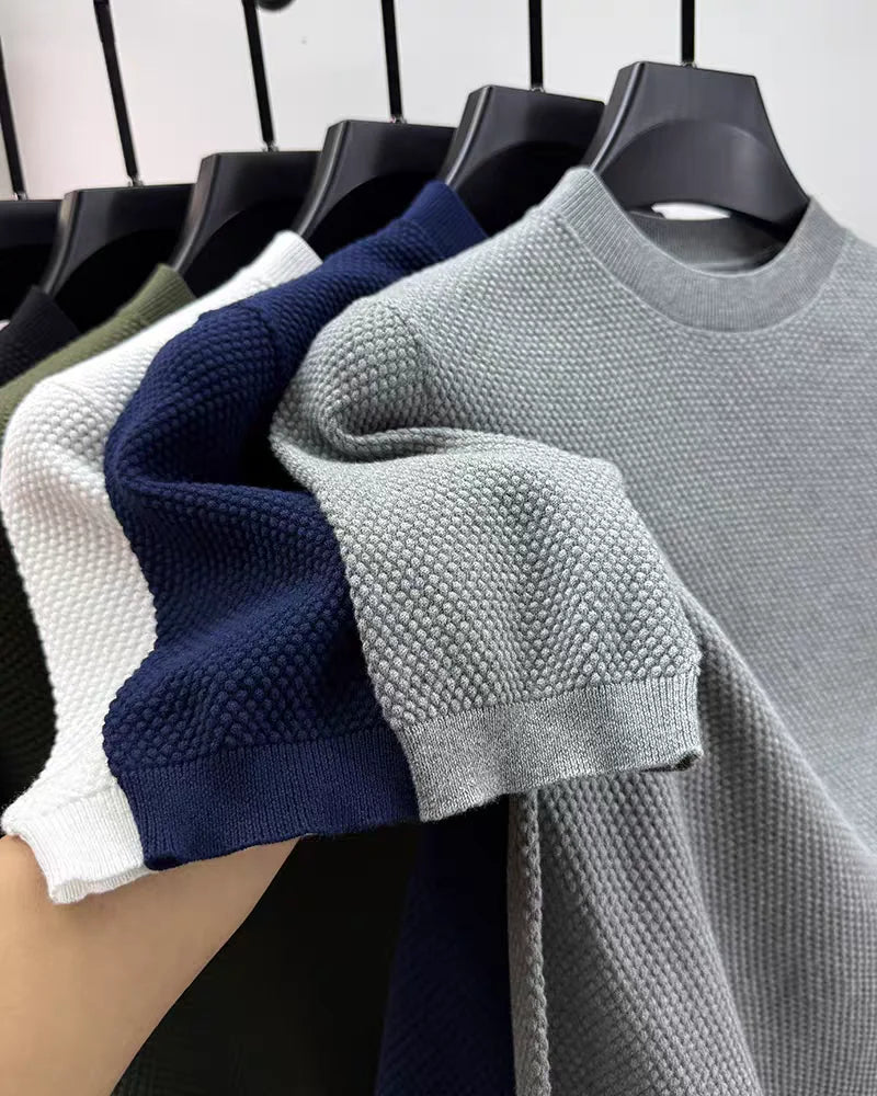 Luxury 100% cotton knitted short sleeve T-shirt high-end brand pony embroidery summer solid color  men's casual round neck top