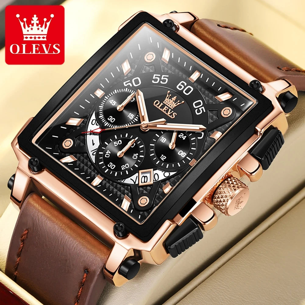 OLEVS Mens Watch Square Quartz Watch Multifunctional Business Watches For Man Waterproof Luminous Box Gift Leather Strap 9919