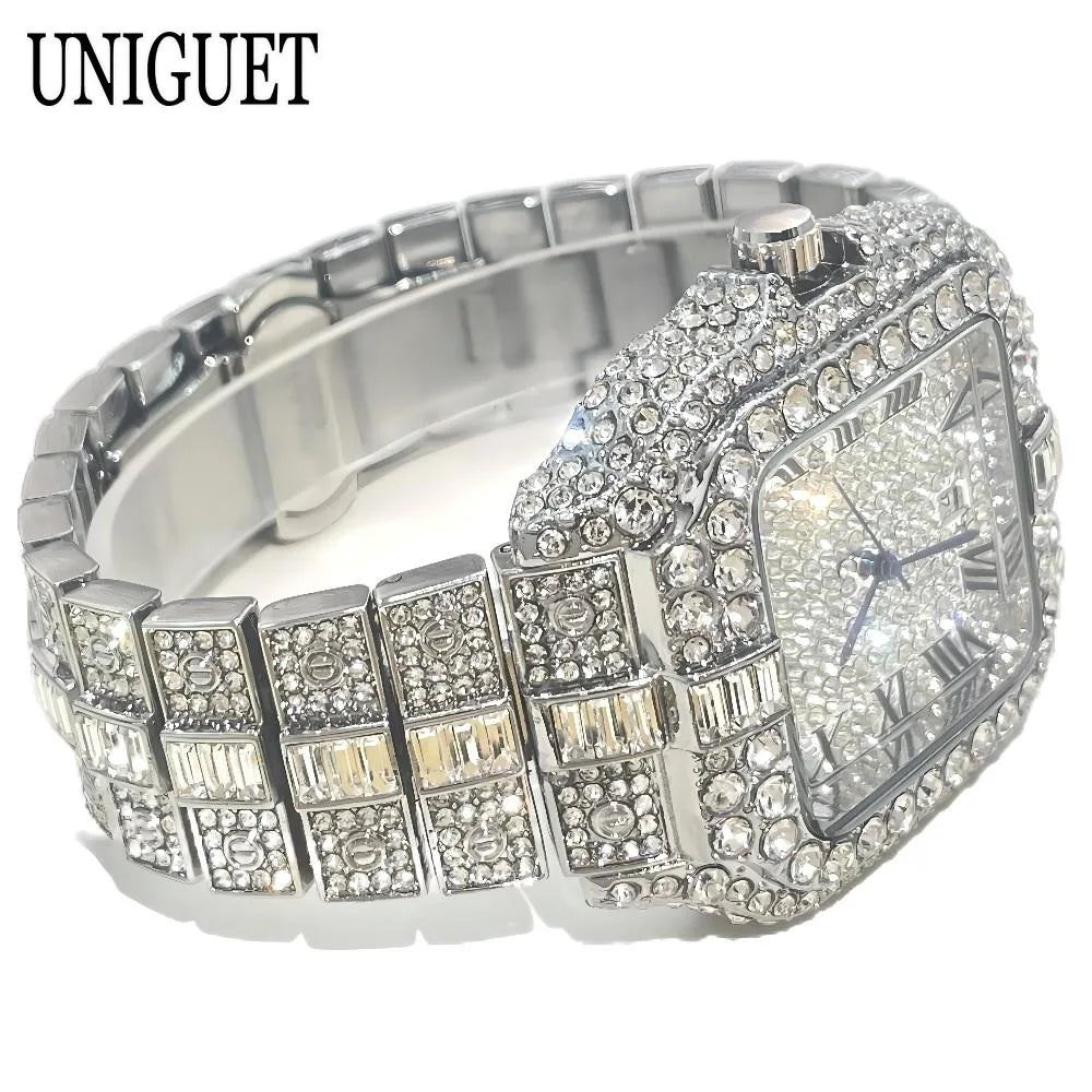 UNIGUET Fashion Watch For Men Luxury Rose Square Iced Out Quartz Watch Man Hip Hop Full Diamond Jewelry Wristwatch Reloj HombreU