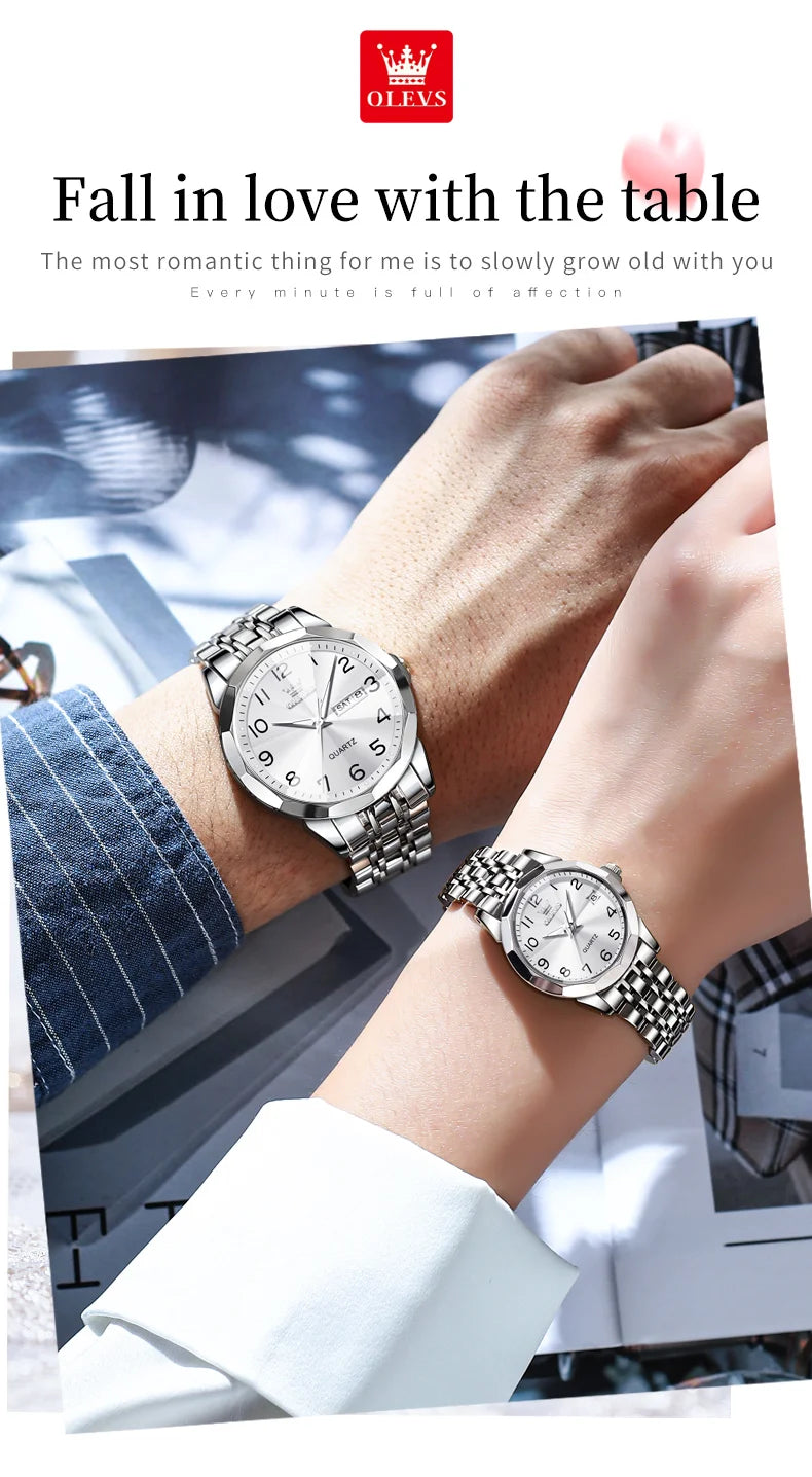 OLEVS 9970 Couple Watch For Men Women Luxury Number Dial Rhombus Mirror Quartz Hand Clock Stainless Steel Original Dress Watches