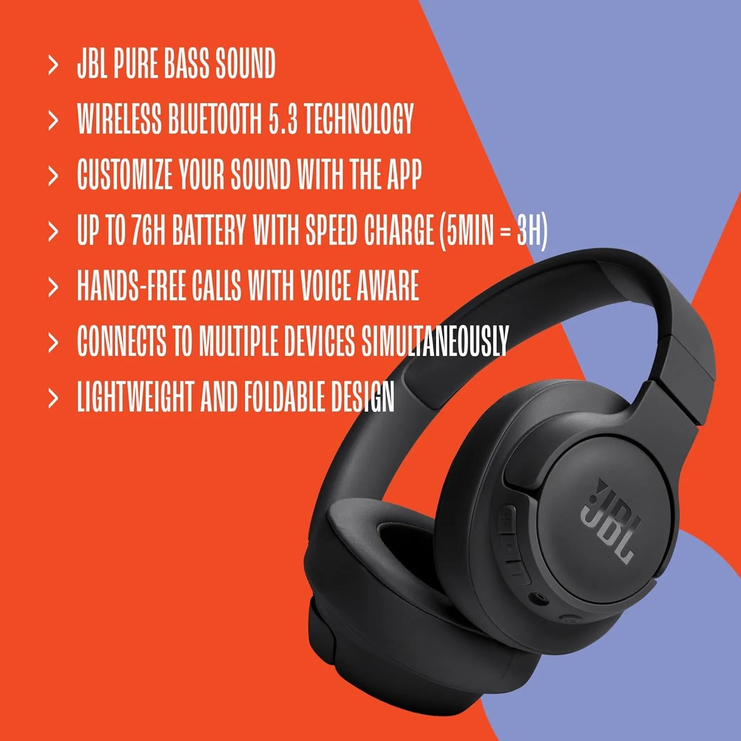 JBL TUNE 720BT Original Authentic Wireless Bluetooth Over-ear Style Headphones Foldable Multi-point Connection for Sports Music