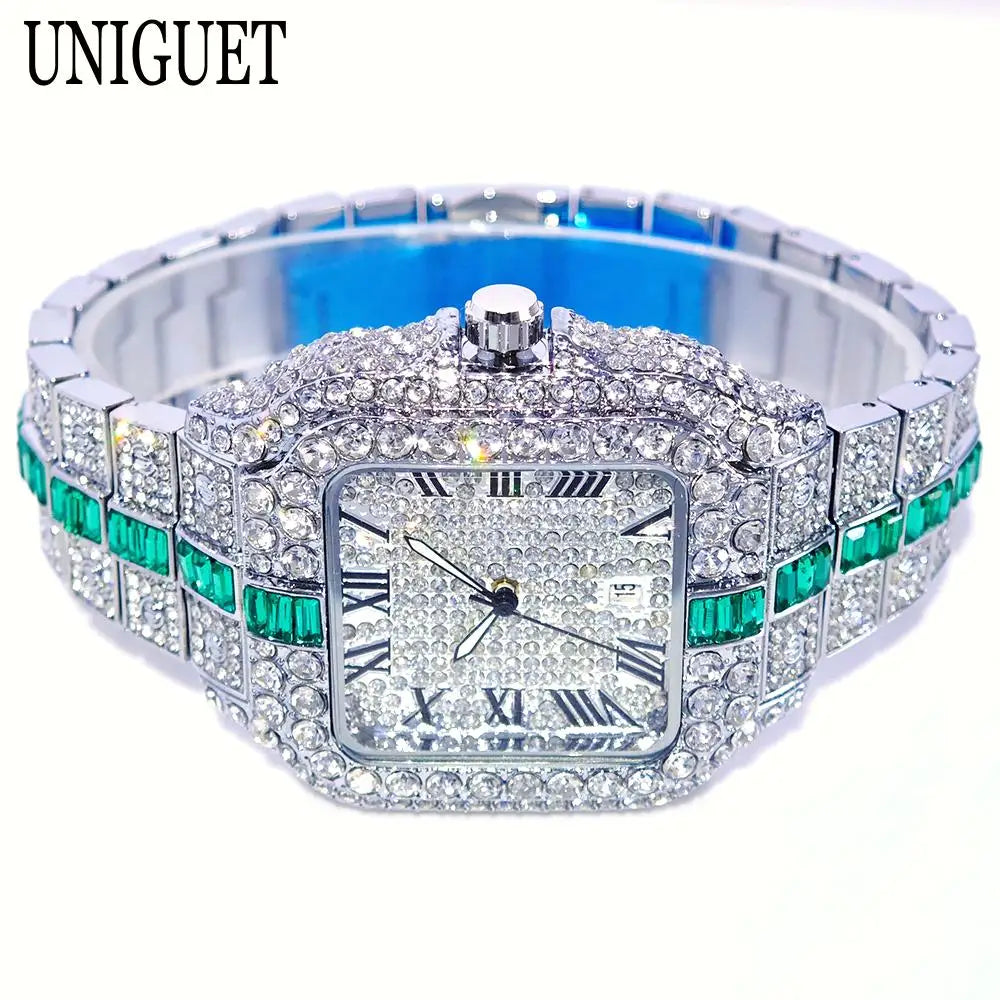Hot Fashion Full Diamond Watch Men UNIGUET Brand Hip Hop Iced Out Bling Jewelry Square Quartz Wristwatch For Man Dropshipping