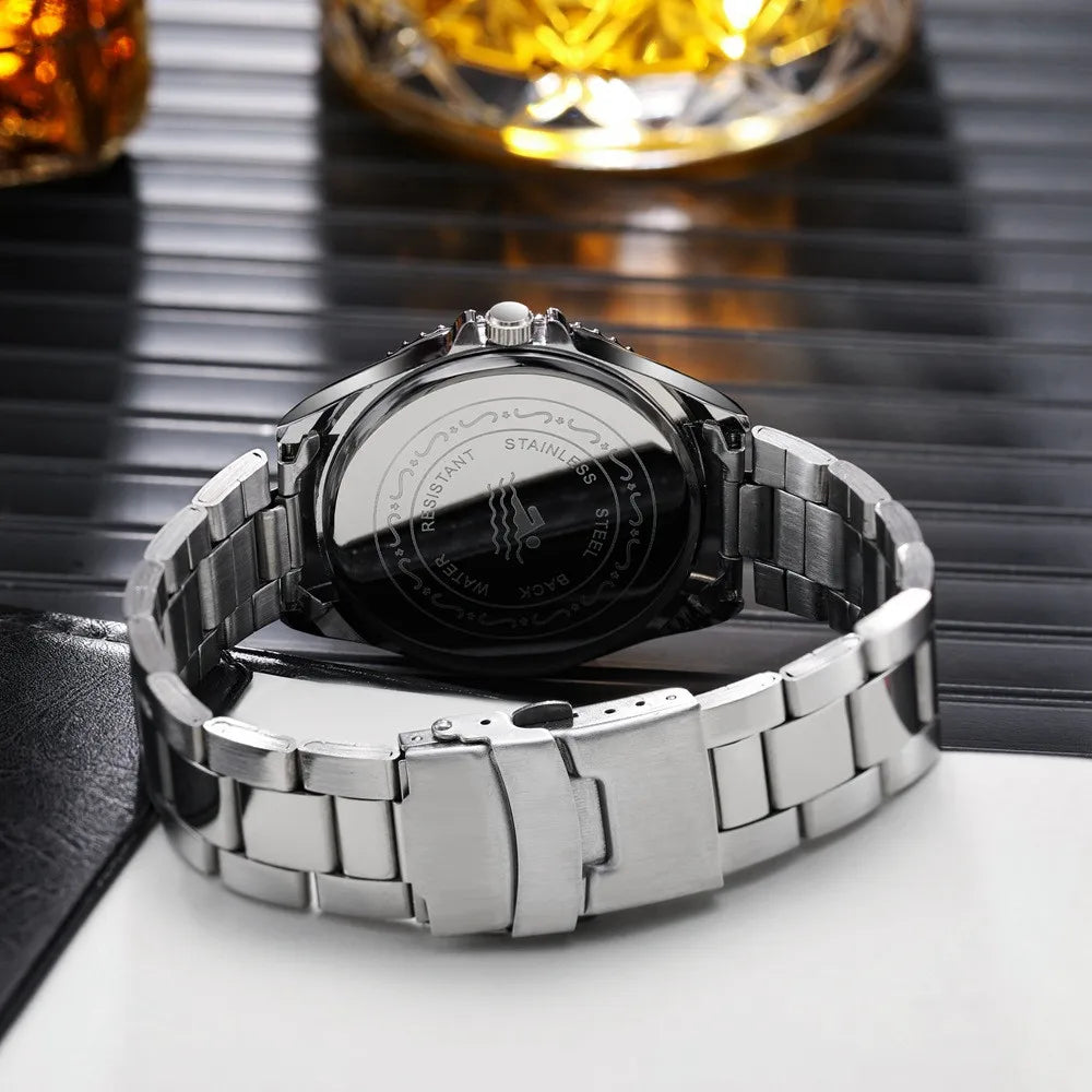 Men Black luxury Brand Sport Calendar Quartz Watch Stylish Silver Stainless Steel Strap Business Men's Clock Wristwatches