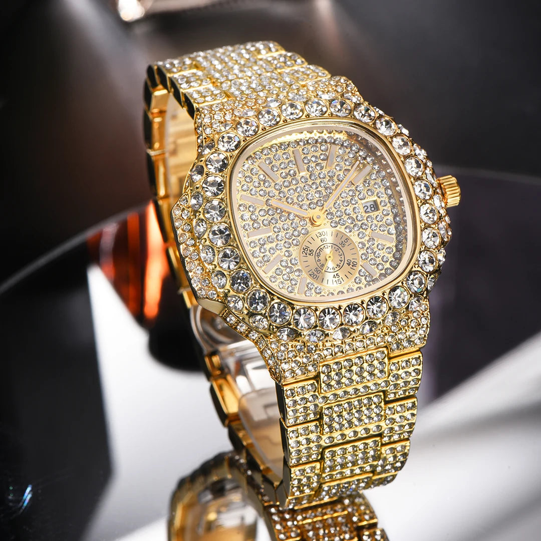 Hot Sell Luxury Iced Watch Mens Fashion Stainless Steel Gold Wristwatch Hip Hop Diamond Bling Jewelry Watch For Man Reloj Hombre
