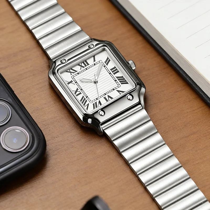 Square Quartz Watch Men Stainless Steel Waterproof Business Wristwatch Male Clock Relogio Masculino