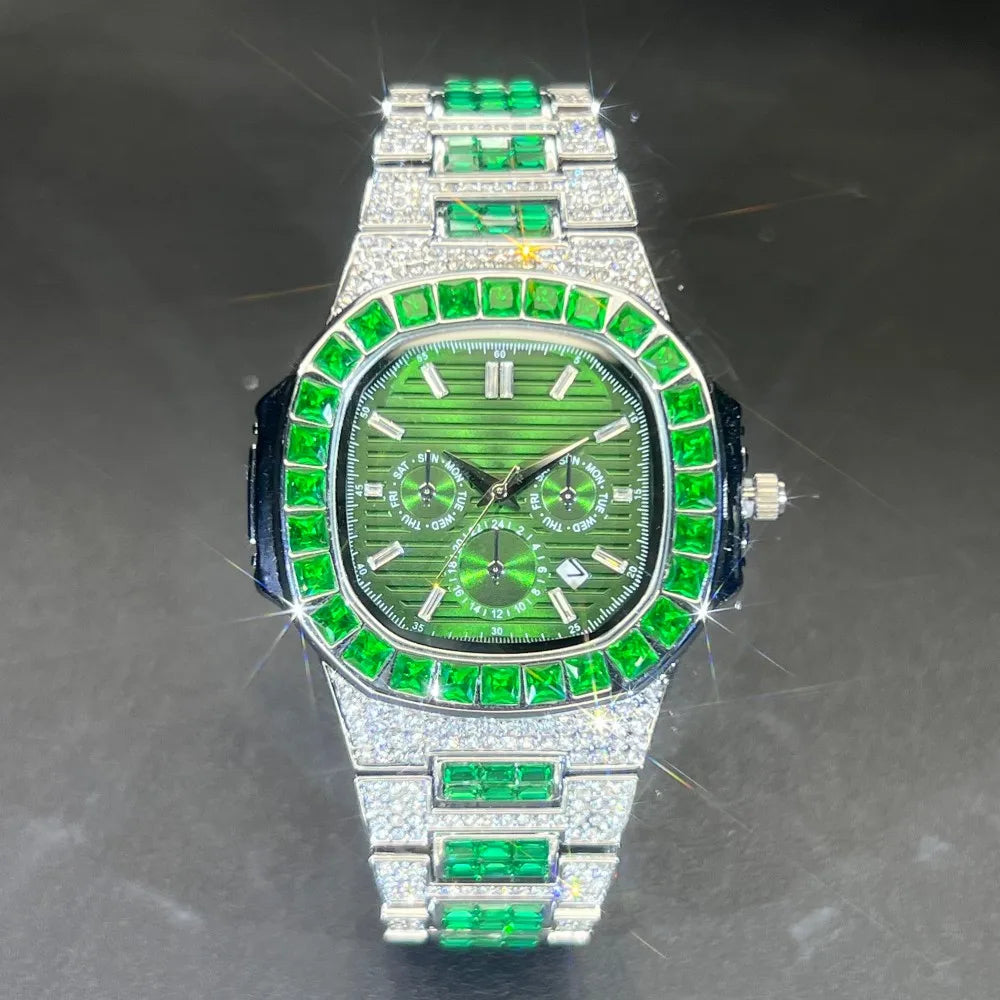 MISSFOX Luxury Watch For Men Green Sliver IcedOut Diamond Hip Hop Quartz Waterproof Clock Men Square Diamond Male Watch 2025 New