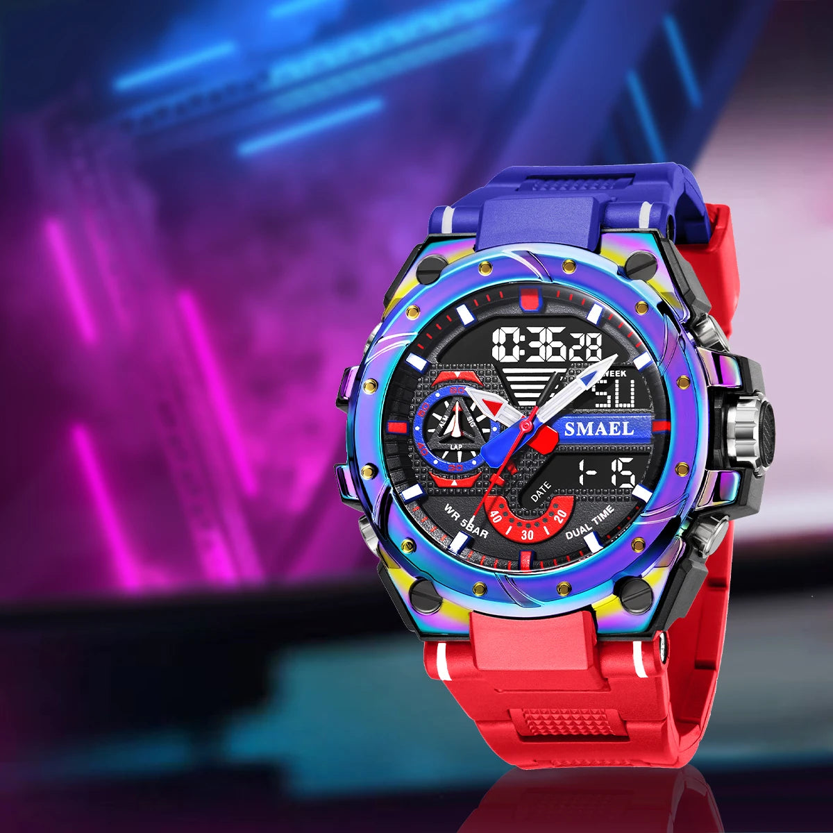 Quartz Watch For Men SMAEL Wristwatches Watcholorful Red Bracelet 50M Waterproof Alarm Clock Analog Digitals 8060 Sport Watches