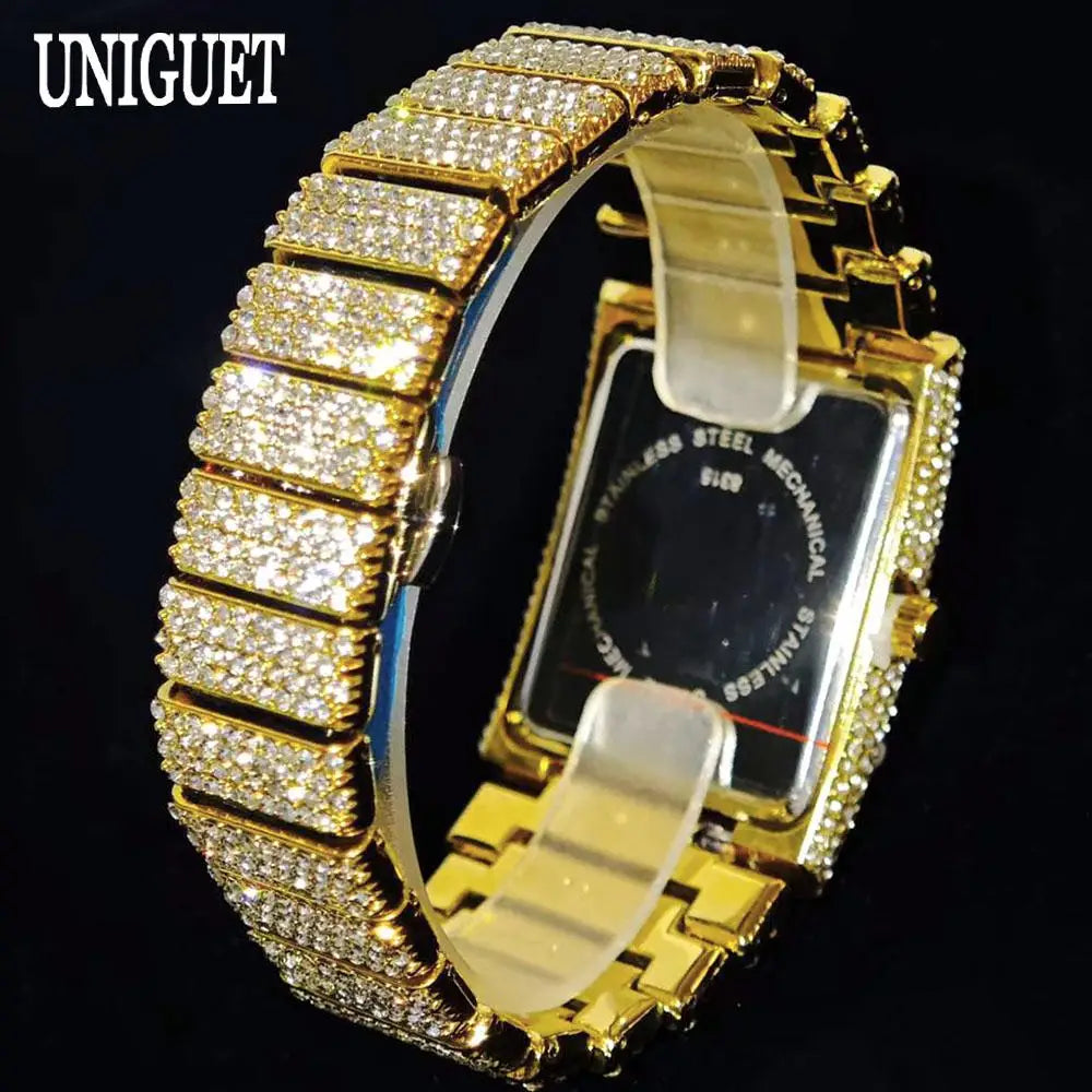 Fashion Rose Watch For Men Luxury Stainless Street Hip Hop Ice Diamond Rectangle Wristwatch Male With Calendar Rlógios Masculino