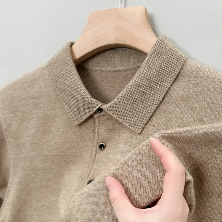 Autumn and Winter New Warm Soft Pullover Men's Business Lapel Knitwear Casual Solid Color Long Sleeve Polo Shirt Office