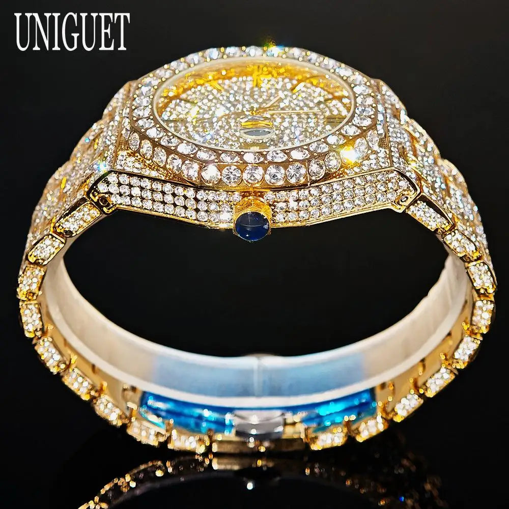 UNIGUET Fashion Iced Out Watch Mens Luxury Waterproof Quartz Watch For Man Hip Hop High Quality Big Diamond Wristwatch Hot Sale